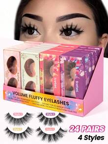 MAANGE 24 Pairs Mixed Natural & Fluffy False Eyelashes With Storage Box, Suitable For Daily Wear, Cartoon Style, Travel Essential - Black - View 1