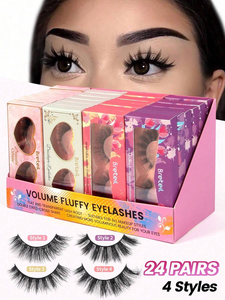 MAANGE 24 Pairs Mixed Natural & Fluffy False Eyelashes With Storage Box, Suitable For Daily Wear, Cartoon Style, Travel Essential - Black - View 1