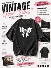 2026 Summer New Vintage  Unisex Washed Distressed T-Shirt With Exquisite Bow Print Pattern, Featuring A Fresh And Fun Des Casual Outfi  Damen - Black - View 1