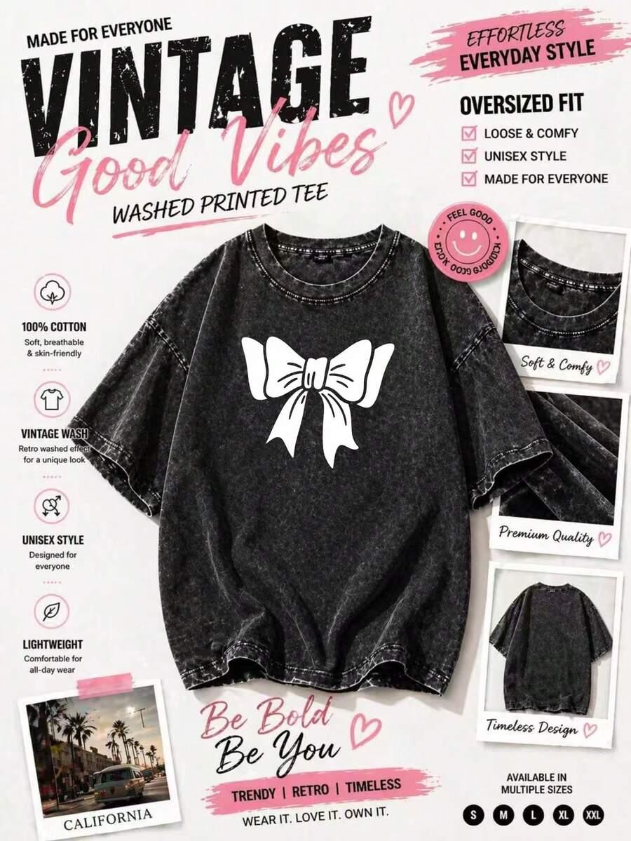 2026 Summer New Vintage  Unisex Washed Distressed T-Shirt With Exquisite Bow Print Pattern, Featuring A Fresh And Fun Des Casual Outfi  Damen - Black - View 1