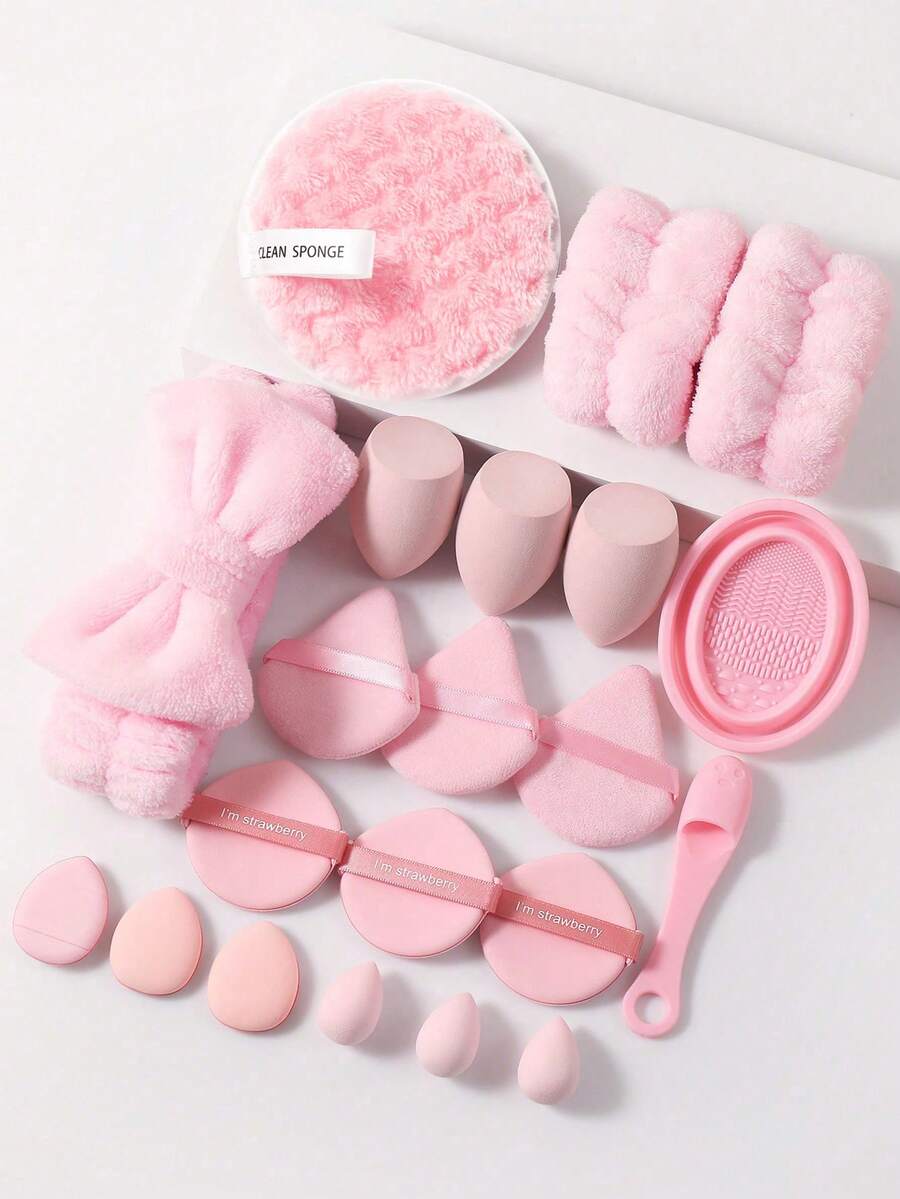 21/9/7/5Pcs Cosmetic Sponge Bundle, Teardrop & Triangle Makeup Sponges, Finger & Air Cushion Puffs, Cleansing Pads, Bow Hair Band, Wrist Bands, Silicone Brush Cleaning Bowl, Washable Daily Facial Makeup Blending Tools - Pink - View 1