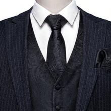 Plus Size 4Pcs Black Paisley Jacquard V-Neck Vest Tie Pocket Square Cufflinks Set, Cufflinks In Random Patterns, Formal Matching Suit Set For Wedding - Black - View 4