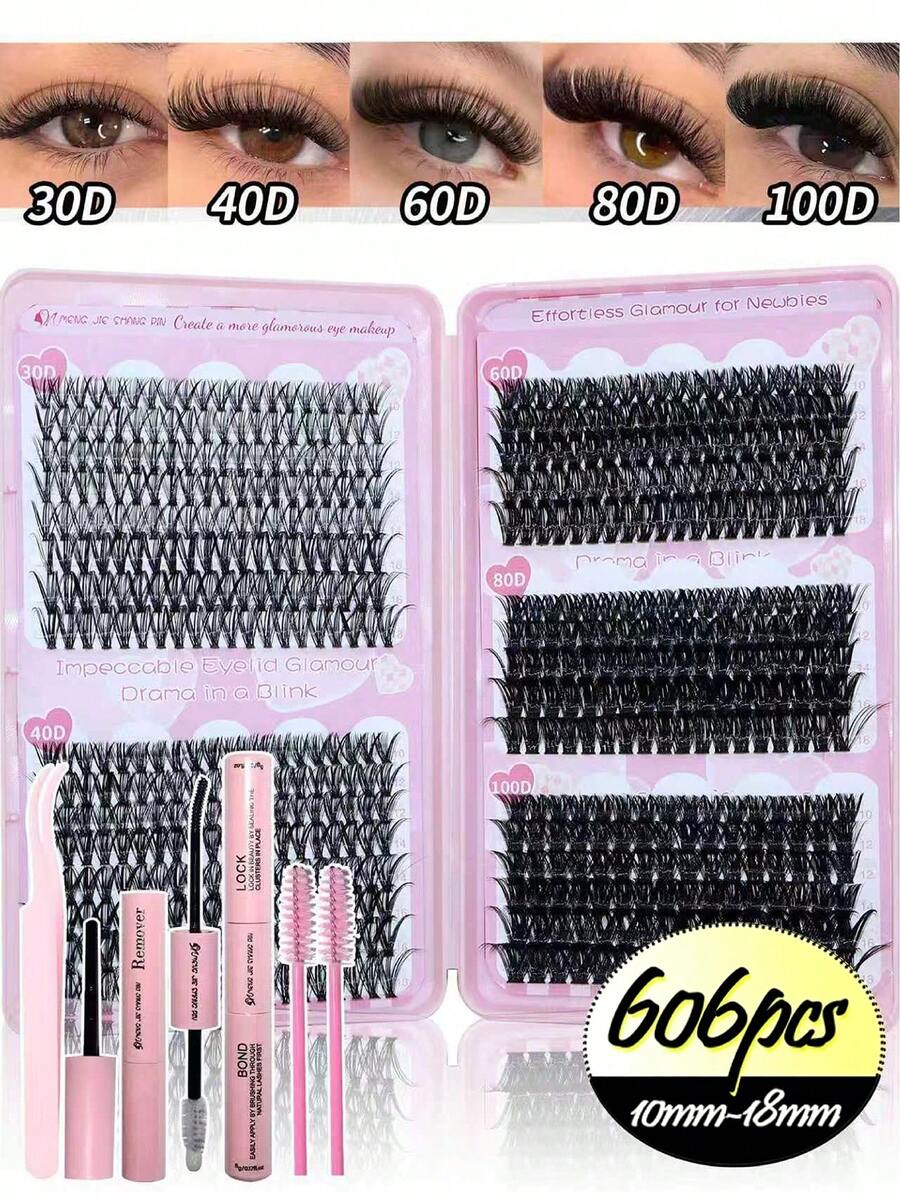 MENGJIESHANGPIN 606pcs Paket Campuran Buku Bulu Mata Palsu Kapasitas Besar 30D+40D+60D+80D+100D Tebal Realistis Panjang 10-18mm Lembut dan Mengembang Dilengkapi Lem, Pinset, dan Larutan Penghapus - Hitam - View 1