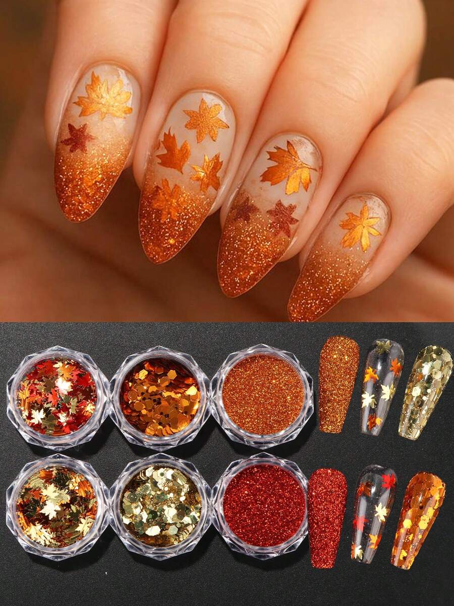 6件組金色楓葉美甲亮片與閃粉,黃紅全息秋季楓葉箔片,DIY美甲飾品裝飾,適合女性 - 彩色 - 查看 1