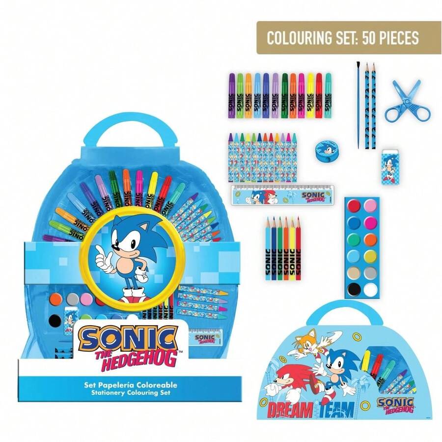 Cerdá Sonic 索尼克刺蝟兒童著色文具套裝 - 50 件套手工套裝,包含鉛筆、馬克筆、貼紙和水彩顏料,配有便攜藍色收納盒,是送禮和旅行的理想之選。 - 選項 1 - 查看 1
