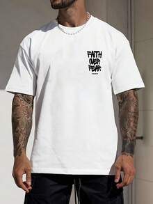 Men"Faith Is Stronger Than Fear"Pattern T Shirt - 100% Polyester Stretch Knit,Lightweight180Summer Casual Short-Sleeved Round-Neck Top,Suitable For Ou - 黑色 - 查看 6