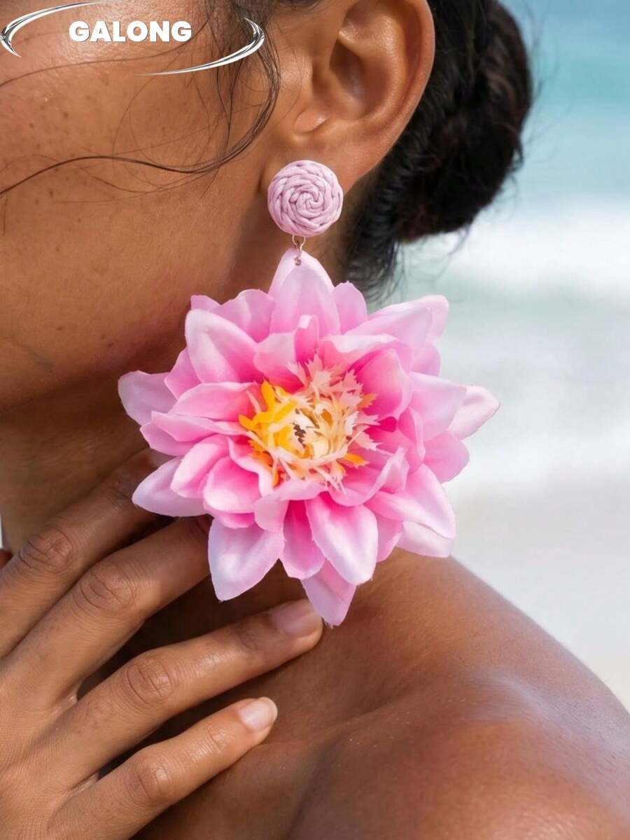 女款黃色花朵耳環，夏季度假風，側面特寫設計，大尺寸輕量花瓣耳飾，適合海灘拍照，藝術清新造型，顯臉小獨特配件，女神必備
