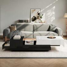High-Gloss Lacquered Coffee Table, 100 X 50 X 38 Cm, Living Room Table With 1 Drawer, Side Table With Sliding Top, Geometric Table, Coffee Table With Black And White Stitching, Large Storage Space - 黑與白 - 查看 2