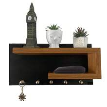 Porta Chaves de Parede Decorativo com Prateleiras e Ganchos Para Pendurar Chaves Chaveiro Claviculário - Preto/Freijo - Visão 2