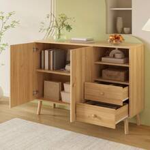 Minimalist-Style Locker/ Storage Cabinet With 2 Drawers And 2 Open Compartments/ Wooden Handles And Feet / Versatile Storage Options / Suitable For Living Room, Dining Room And Hallway - 淺木色 - 查看 5