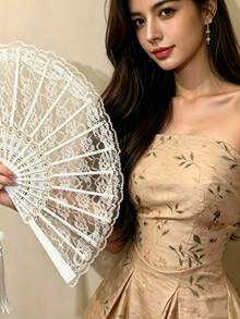 1pc Vintage French Lace Tassel Folding Hand Fan, Fashionable And Portable, Suitable For Summer Dance - Multicolor - View 4