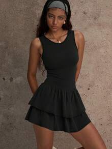 Women's Solid Color Sports Dress Set - Tennis Skirt Sports Set - Sleeveless Tank Top With Double Layer Cake Skirt - Detachable Shorts - Black Summer - Black - View 6