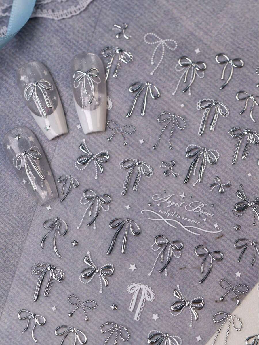 5D 浮雕 Y2K 蝴蝶結美甲貼紙，秋冬春夏銀色金屬感蕾絲蝴蝶結、小星星、緞帶自黏花卉，透明卡通甜美女孩風 DIY 美甲裝飾，適用沙龍、日常、派對，穿戴甲配件，1 片