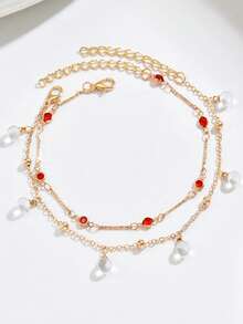 Summer Simple Red Bead Double-Layer Fringe Anklet - Stylish And Versatile Beach Resort Footwear - Multicolor - View 3