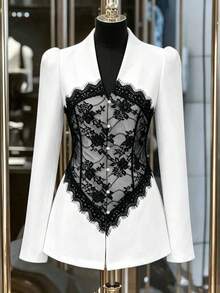 Fashionable Women's White Long Sleeve Blazer, Deep V-Neck, Decorated With Exquisite Black Lace Patchwork, Suitable For Daily Commute And Office Wear - White - View 7