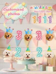 6/12/18pc Custom Dog Cat Photo Birthday Banner, Personalized Pet Face Garland, Puppy Party Decoration, Dog Birthday Banner With Age Numbers Birthday,Personalized Gifts - Multicolor - View 1