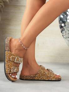 Women's Rhinestone Cork Thick Sole Double Buckle Slippers - Gold - View 5