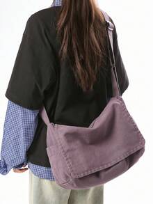 Minimalist Solid Color Versatile Thick Canvas Fabric Crossbody Bag Shoulder Bag Zipper Closure Adjustable Strap - Purple - View 5