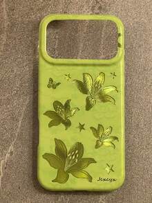 Casing Ponsel Mewah Motif Aurora Hijau Bunga Lili Kupu-kupu Bintang Kompatibel dengan iPhone 17 Pro Max 17 Pro 17 16 15 14 13 Pro Max Plus 15 Hijau Muda Pola Bunga Vintage Timbul Tekstur Riak Air Tidak Beraturan Berkilau - Hijau - View 4