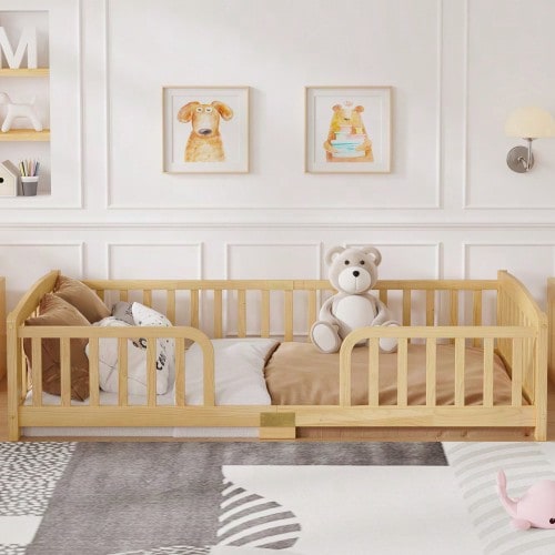 Floor Bed 90*200 Cm With Safety Guardrails,Central Entrance,Pine Wood Floor Bed With Guardrails