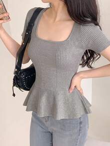 New Spring/Summer Korean Style Women's Slim Fit Chiffon Ruffle Trim Knit Top - Gray - View 8
