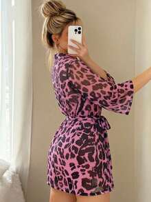 Pink Leopard Print Deep V-Neck Tie Waist Fitted Long Sleeve Sexy Mature Style Nightgown, Suitable For Vacation, Party Or Date - Multicolor - View 2