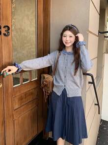 Cardigan Rajut Manis & Imut dengan Kerah dan Manset Berenda - Grey - View 4