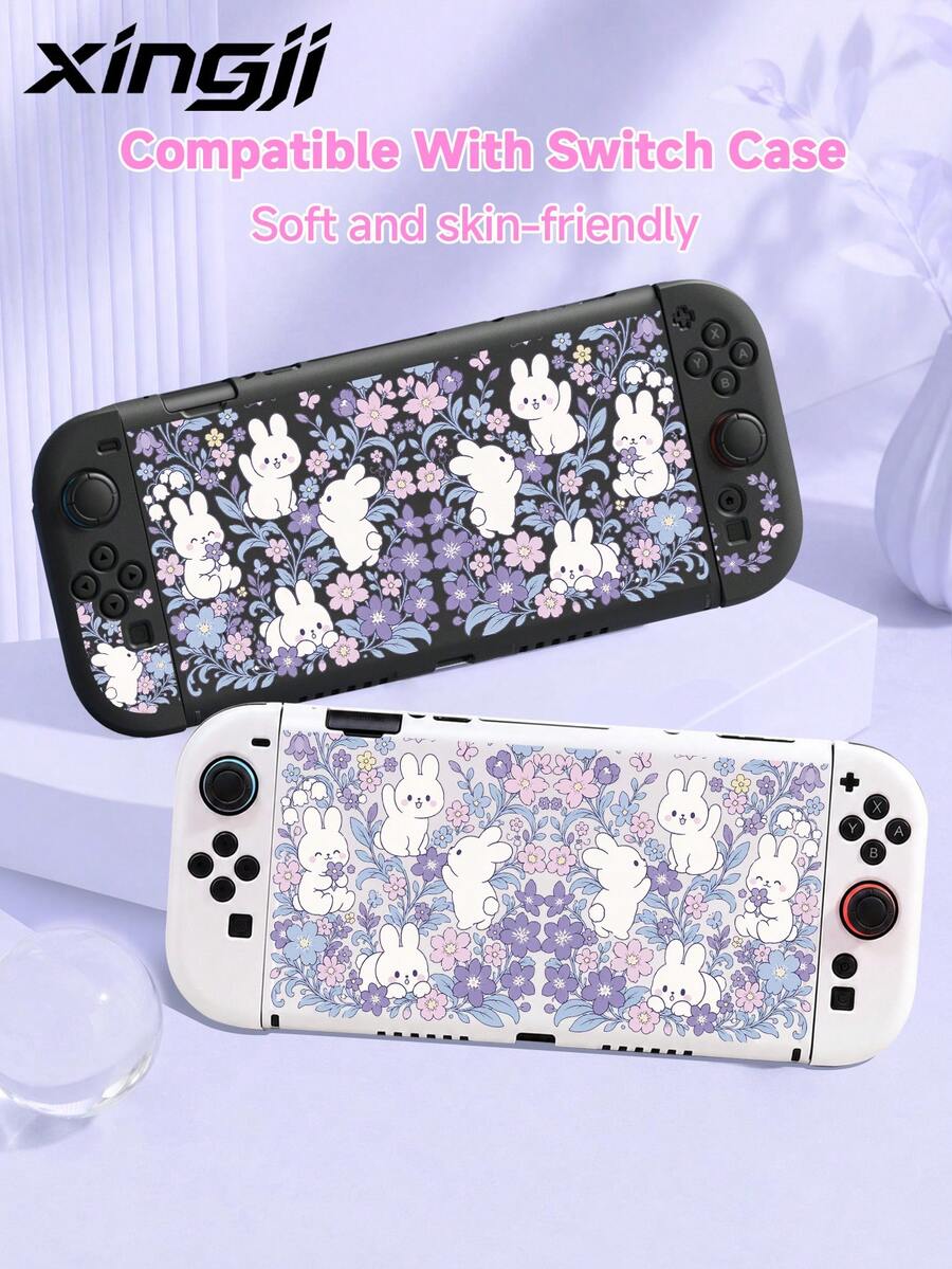 1pc Purple Floral Cute Rabbit Cartoon Style Switch Protective Case, Compatible With Switch 2 (2025)/Switch OLED/Switch, Made Of Soft TPU Material, No Disassembly Required, Anti-Drop Anti-Dust, Multiple Colors Available, Best Gift Compatible With Switch Players - View 1