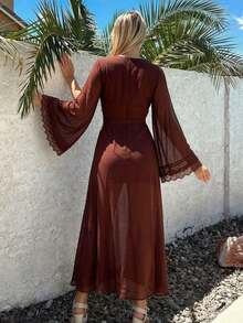 Women's Coffee Color Sheer Mesh V-Neck Lace Embroidered Long Sleeve Bustier Waist-Cinching Slit Long Dress Nightgown Set - Brown - View 2