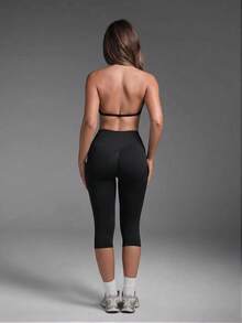 1pc Solid Color Tummy Control Butt Lifting Shaping Mid-Length Sports Shorts Black - Black - View 6