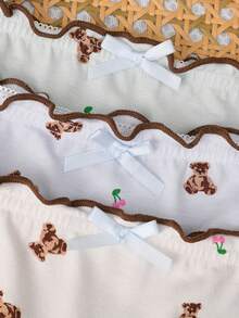 3pcs/Pack Women's Comfortable Soft Knitted Fabric Cute Print Frill Trim Mid-Waist Hipster Panties - Multicolor - View 3