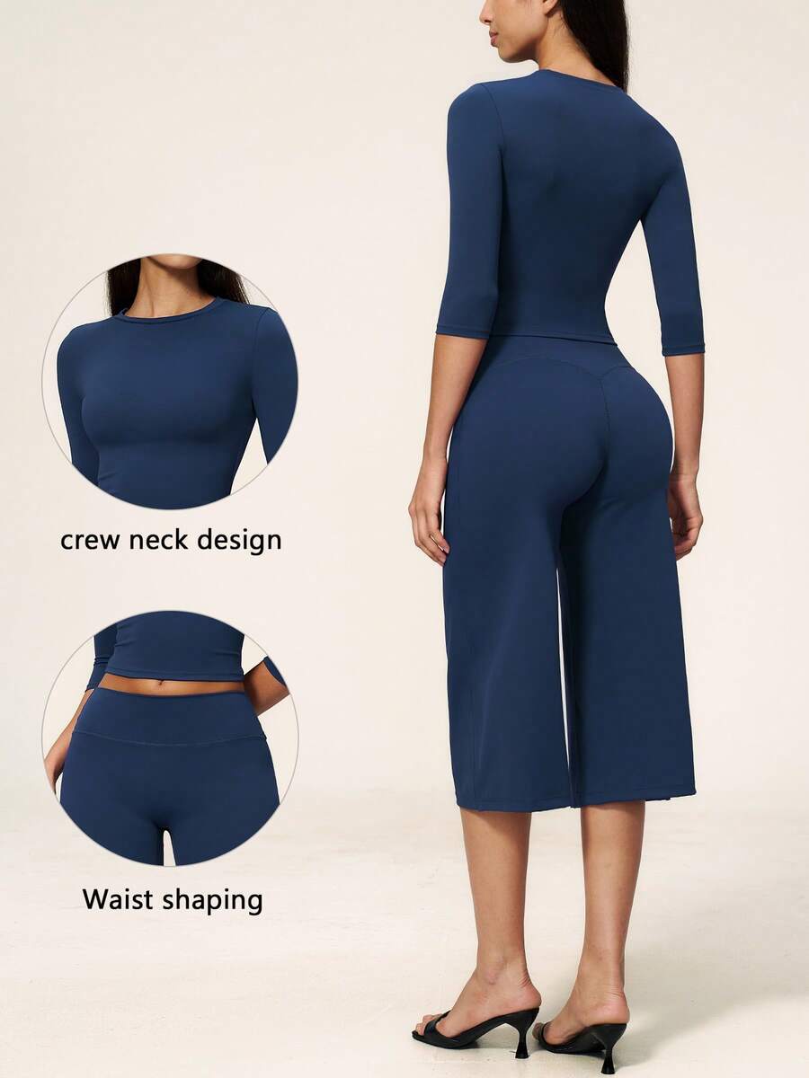 TimeOff Women's One Set Solid Color Crew Neck Short Sleeve Wide Leg Pants Sports Suit - Blue - View 1