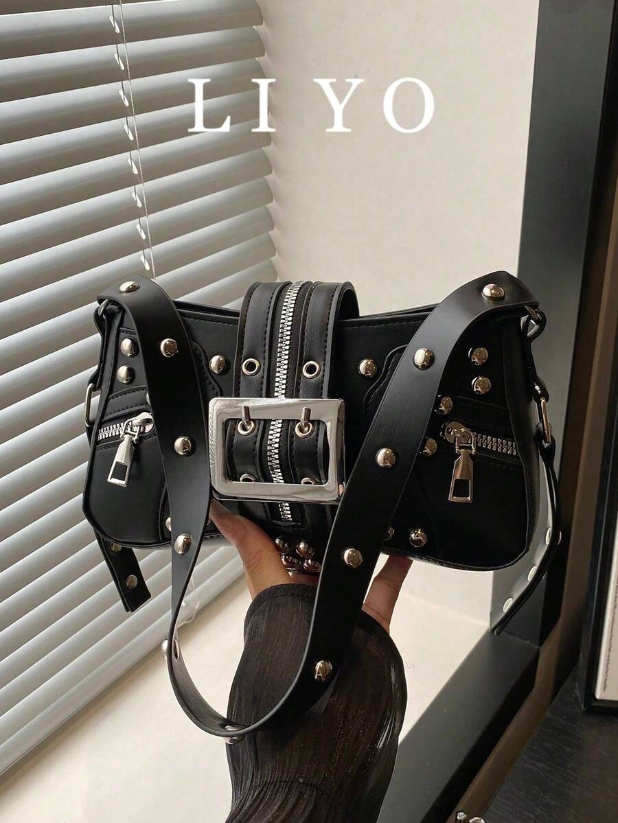 Fashion Rivet Women's Shoulder Bag, Underarm Bag, Crescent Bag, Belt Clip Motorcycle Bag