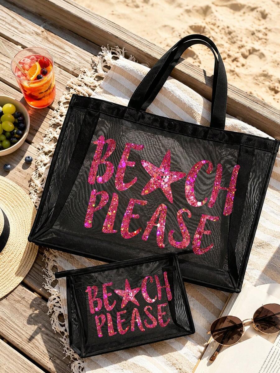 玫瑰紅亮片字母 BEACH 主題印花網眼托特包,「BEACH」字母與椰子樹圖案,大容量透明沙灘包,便利化妝包-度假必備、學生禮物、便攜式沙灘度假大容量單肩包、透明網眼化妝收納包,適合旅行、野餐、購物、辦公、外出、約會、日常使用、開學禮物、教師節禮物 - 彩色 - 查看 1