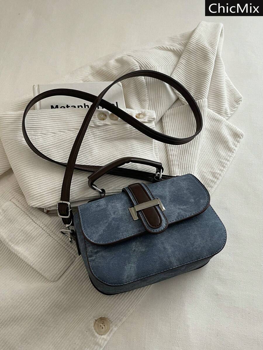 Mini Versatile Colorblock Flap Square Handbag, Classic Metal Clasp Design Personalized Women's Crossbody Bag