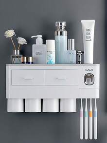 Bathroom Toothbrush Holder 2/3/4 Cup Wall-Mounted With Toothpaste Squeezer, Large Capacity Bathroom Storage Organizer, Easy Installation And Use, Fashionable Bathroom Accessory Set, Bathroom Decor - Grey - View 14