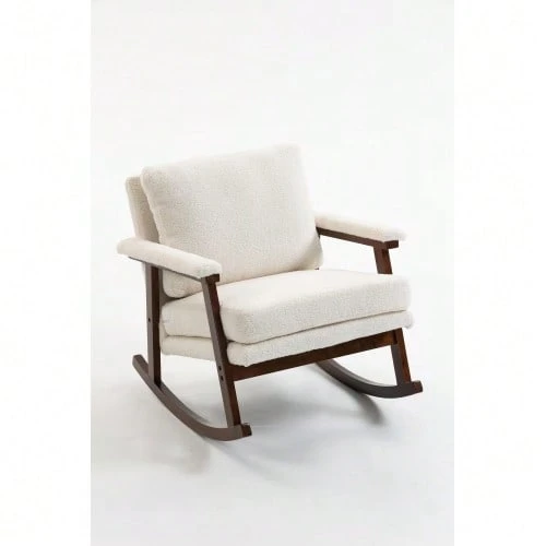 Sillón auxiliar de estilo moderno de mediados de siglo, mecedora con estructura de madera, sillón tapizado, silla de lectura para dormitorio y jardín de invierno. - Blanco - Ver 1