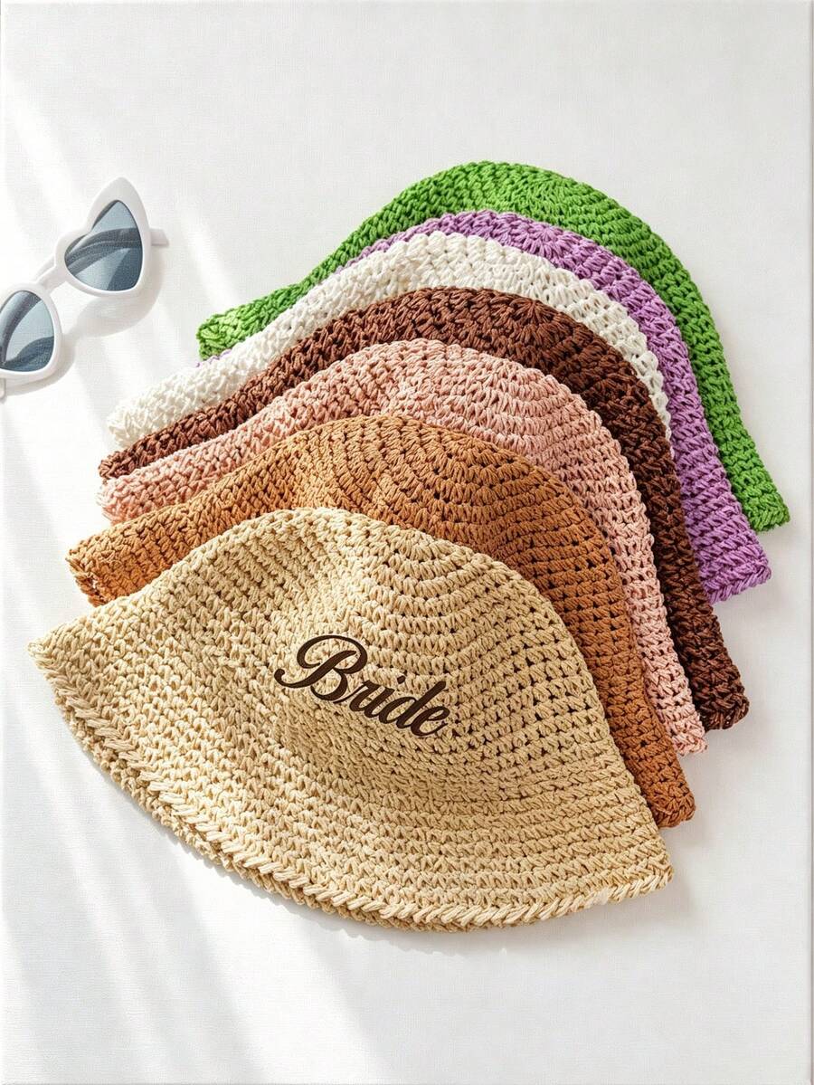 個性化草編水桶帽,客製化刺繡姓名遮陽帽,海灘夏季水桶帽,新娘派對伴手禮,伴娘禮物,度假旅行帽 - 彩色 - 查看 1
