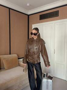 Spring/Summer New Long Sleeve Lapel PU Leather Premium Casual Cinched Waist Commuter Motorcycle Jacket Top - Khaki - View 3