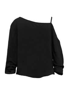 Women'S Fun Dog Print Asymmetrical Cold Shoulder Long Sleeve Tee Casual  Sling Shoulder Top Comfortable Versatile Daily Wear Shirt - Black - View 3