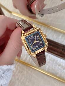 1 pièce Montre-bracelet à quartz ovale avec chiffres romains, style décontracté et élégant pour femmes, convient pour le port quotidien - Tabac - Voir 3