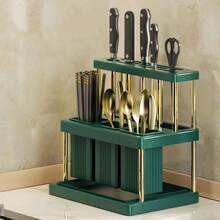 1pc Multifunctional Knife And Fork Holder, Space-Saving Utensil Rack With Removable Drip Tray, Kitchen Sink Countertop Utensil Drainer, Green And White Chopstick Holder, Knife, Spoon, Fork Storage Rack, Suitable For Kitchen, Bathroom, Dining Room, Plastic - Multicolor - View 4
