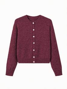Sylvia Women's Autumn/Winter Solid Color Minimalist Basic Button-Up Round Neck Slimming Loose Knit Cardigan, Gentle Daily Commute - Burgundy - View 6
