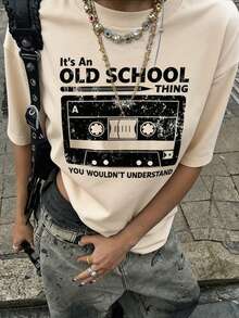 Cute & Casual Women's Short Sleeve Cotton Tee With Retro Cassette Tape Design, Round Neck And Rib-Knit Details For School,Y2K,Outings,Autumn - Light Apricot - View 8
