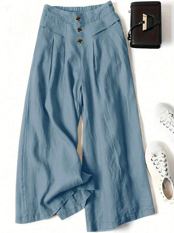 Pantalon long femme d'été élégant et décontracté, vintage minimaliste en lin couleur unie, drapé ample semi-élastique à taille haute amincissant, jambes larges, polyvalent et confortable pour le trajet, les vacances, les sorties décontractées, l'automne, le bureau, le quotidien et la rentrée, design semi-