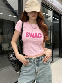 女款圓領短袖T恤，美式辣妹夏日新款字母印花時尚修身顯身材短版上衣 - 粉色 - 查看 7