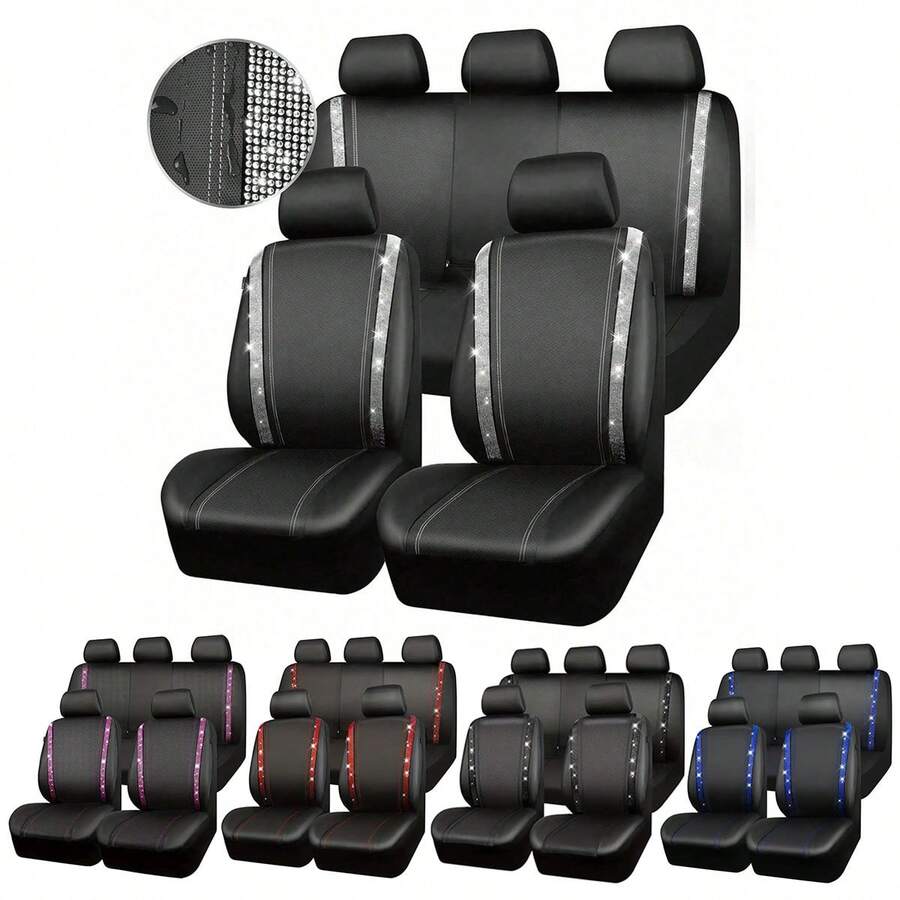 9/4pcs Shiny Rhinestone Faux Leather Car Seat Covers, Sequin Crystal Design, Women's Style, Compatible With Airbags, Suitable For Sedan, SUV And Minivan, Full Set For Seats And Headrests