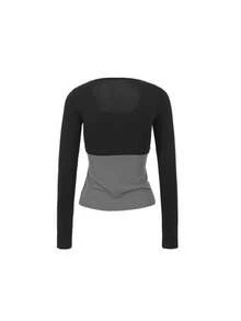 Kaos Lengan Panjang Wanita Baru Musim Semi, Abu-abu, Bahu Kotak, Desain Seksi, 2 in 1, Atasan Slim Fit - Warna gambar - View 10
