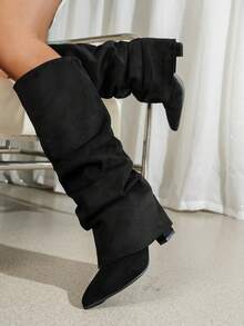 New Women's Fitted Pleated High Tube Boots, 2026 Autumn/Winter New Women's Pointed Toe Chunky Heel Outdoor Casual Fashion Long Boots, Knee-High Boots - Black - View 3