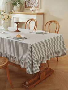 1pc Japanese Style Fresh Solid Color Woven Coffee Strip Lotus Edge Square Tablecloth, Suitable For Small Garden, Natural Atmosphere, Outdoor Coffee Shop, Kitchen Bedroom All Season Dining Table Decor Fabric - Yarn-dyed Brown Striped Ruffles - View 12
